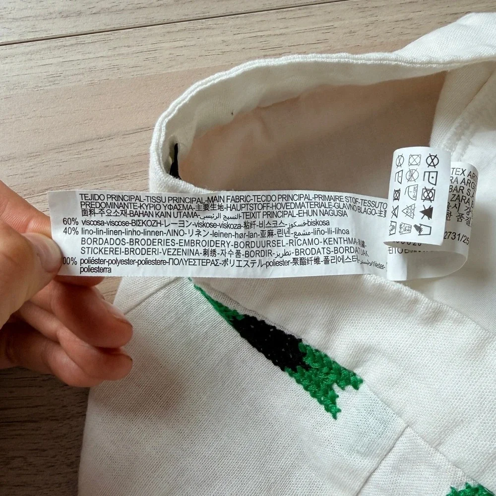 Zara Embroidered Linen Blend Pants Women Straight Leg Pants White Green XS‎